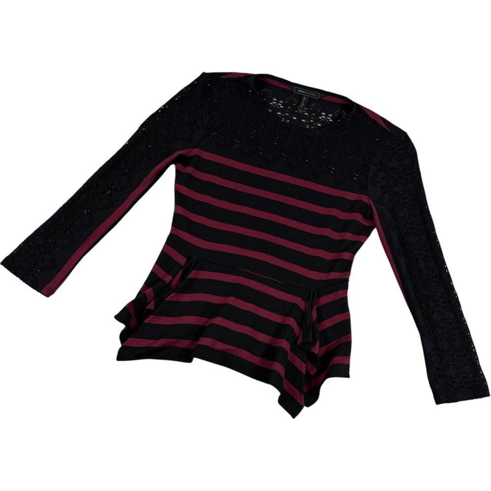 BCBGMAXAZRIA Rosemary Lace Long Sleeve Peplum Top Black & Burgundy Striped XXS
